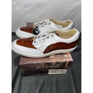 Men 12 White Cognac Ostrich Leg Calf Leather Luxury Sneakers Belvedere Irvin